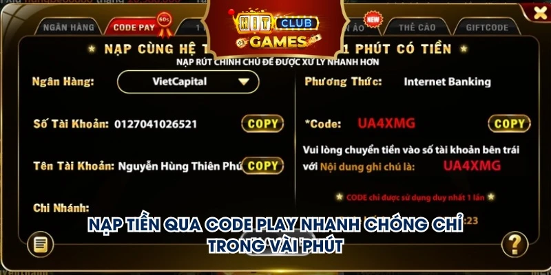 Nạp tiền Hitclub qua chuyển khoản ngân hàng